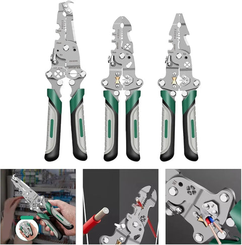 Straight-Up Tough 18-In-1 Folding Wire Stripper And No-Fuss Multifunction Crimping Tool With Integrated Voltage Tester For Automotive Repair And Electrical Jobs Featuring Soft Touch Grips in multiple angles.