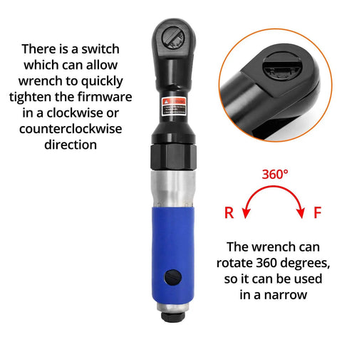 Heavy Duty Half Inch Drive Air Ratchet Wrench Spins Up To 65 Ft Lbs At 160 Rpm to quickly tighten in any direction.