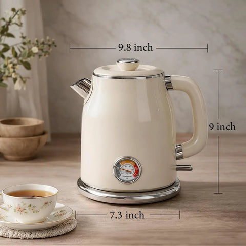 Front view of Retro Electric Kettle 1.7L With Stainless Steel Interior No Plastic Contact Double Wall Cool Touch Fast Boil 1500W Thermometer in cream color.