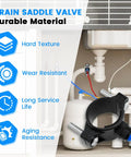 Illustrated diagram of One Pack Drain Saddle Valve With One Quarter Inch Quick Connect for RO systems under a sink.
