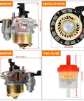 Pull Recoil Starter Carburetor For Predator 212cc And 196cc Engines Fits Massimo MB165 MB200 Coleman CT200U Trail BT200X Hummerhead Trailmaster Motovox KT196 Go Karts Mini Bikes showing carburetor, recoil starter, and fuel filter dimensions.