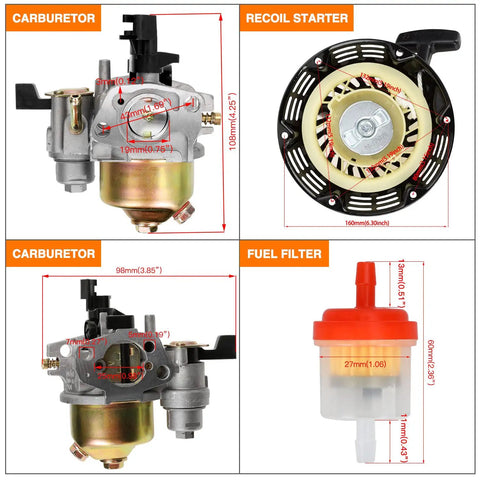 Pull Recoil Starter Carburetor For Predator 212cc And 196cc Engines Fits Massimo MB165 MB200 Coleman CT200U Trail BT200X Hummerhead Trailmaster Motovox KT196 Go Karts Mini Bikes showing carburetor, recoil starter, and fuel filter dimensions.