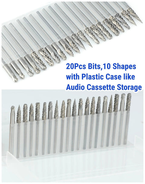 20-piece Sworker carbide burr set with 1/8 in shank in cassette-case, 10 shapes for metal, wood and stone grinding.