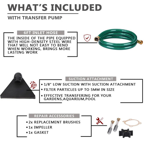 Components of Powerful 115V 330 GPH Electric Utility Pump Kit With On Off Switch And 6 Foot Hoses
