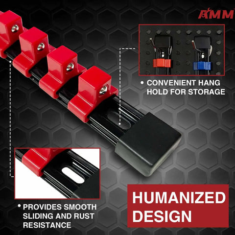 Heavy Duty ABS Socket Organizer Rack With Nine Piece Set for socket storage shown with clips and mounts in black and red.