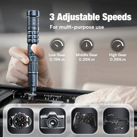 Cordless Mini Electric Screwdriver Set With 28 Magnetic Bits, showcasing 3 gear torque and adjustable speeds on electronics