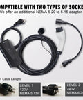 Level 1 And Level 2 Portable EV Charger With Plug-And-Play 28-Foot Cable, NEMA 6-20P Plug And NEMA 5-15 Adapter visible.