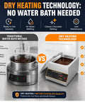 Comparison of traditional water bath and Heavy Duty Electric Chocolate Melter And Tempering Machine With 12kg Capacity, highlighting dry heating technology.