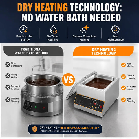 Comparison of traditional water bath and Heavy Duty Electric Chocolate Melter And Tempering Machine With 12kg Capacity, highlighting dry heating technology.