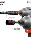 Close-up of impact driver with KNECT 23 Piece SAE Pass Through And Flip Socket Tool Set showing quick connect shaft and adapter.
