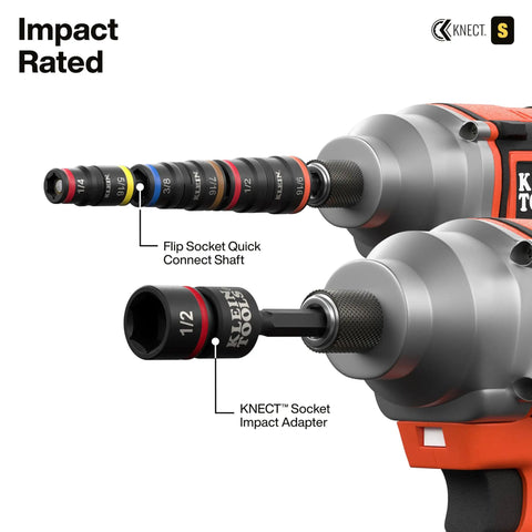 Close-up of impact driver with KNECT 23 Piece SAE Pass Through And Flip Socket Tool Set showing quick connect shaft and adapter.