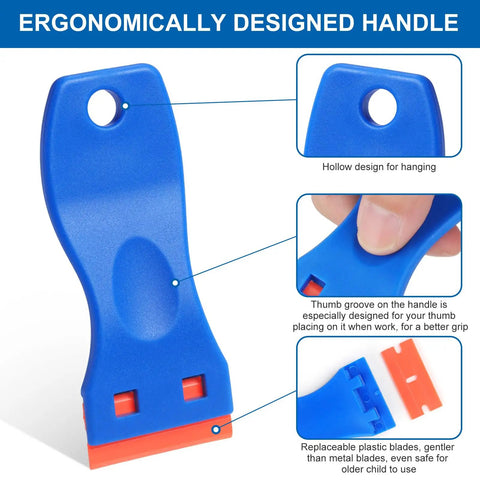 Two Pack Plastic Razor Blade Scraper With Twenty Replacement Blades showing ergonomic handle and thumb groove features