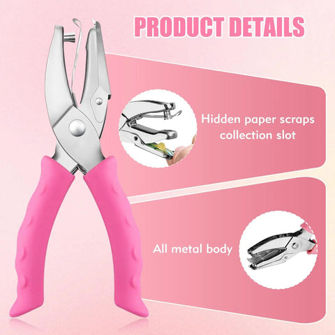 Two Hole Punch Set With Quarter Inch And Eighth Inch Holes, pink soft grip punch, metal body, hidden paper scraps slot, product details