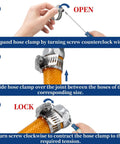 Get This Cool 25 Piece Stainless Steel Hose Clamp Set With Worm Gear Design Perfect For Auto And Home Jobs Ranging From Quarter To Two Inches. worm gear clamp on hose, open, fit, and lock steps