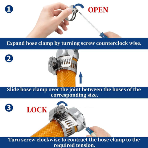 Get This Cool 25 Piece Stainless Steel Hose Clamp Set With Worm Gear Design Perfect For Auto And Home Jobs Ranging From Quarter To Two Inches. worm gear clamp on hose, open, fit, and lock steps