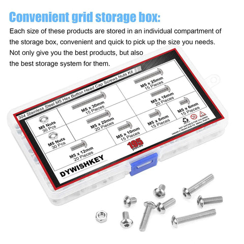 195 Piece M5 Hex Button Head Bolts And Nuts Kit In Stainless Steel 304 with storage box, sizes 6mm to 30mm for DIY projects