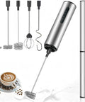 Rechargeable Milk Frother Wand With Three Independent Speeds And Five Attachments For Coffee Lattes Matcha And More Handheld Electric Whisk In Stainless Steel Perfect Gift For Kitchen Essentials And At Home Barista Vibes, featuring multiple frothing attachments and a stainless steel design.