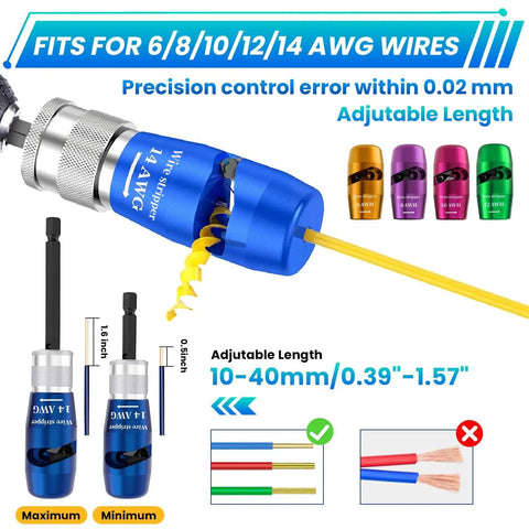 Drill Powered Wire Stripper And Twister Kit For 6 To 14 AWG 2024 Upgrade showing adjustable wire stripping tool with wires.