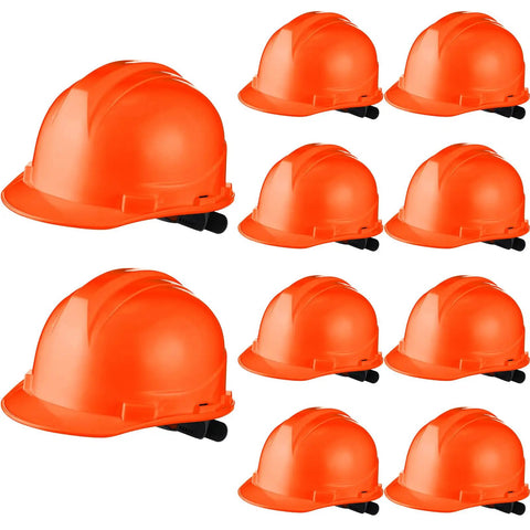 10 Pack Suspension Hard Hats For Worksite Safety With Ratchet Cap Style And Self Adjusting Crown Straps In Orange Durable ABS Helmet