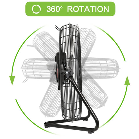 Heavy Duty 20 Inch High Velocity Floor Fan with 360-degree tilt for industrial use in shops, garages, and warehouses