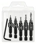 No Hassle Countersink Drill Bit Kit For Woodworking Tools With Adjustable Depth Stop and Quick Release Hex Shank, set of 5 bits in case.
