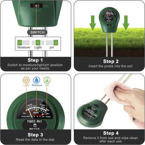 Steps to use 3 In 1 Soil pH Meter With Moisture And Light Tester For Garden Lawn Farm Indoor And Outdoor Plant Care Great For Potted Plants And Veggie Beds No Battery Needed Easy Switch Green.