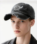 Breathable Men's Baseball Cap With Vented Top Holes For All Day Comfort worn by a model, featuring front embroidery.