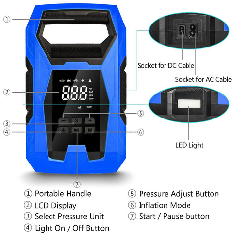 No Drama Portable Tire Inflator Air Compressor with smart pressure gauge, LCD display, and multiple buttons for various settings.