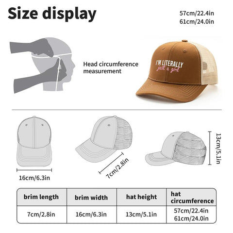 Brown Trucker Hat With Ventilated Top Holes, Breathable All Season Cap size guide, front and side views