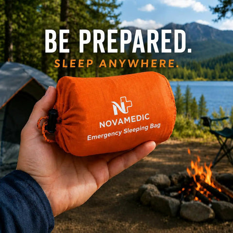 Hand holding Emergency Sleeping Bag Reflective Mylar Heat Retention, Lightweight Portable Survival Gear by campsite fire.