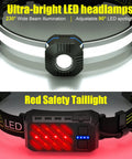Ultra Bright Rechargeable Headlamp With Red Taillight, 230 Degree Floodlight, 10 Modes