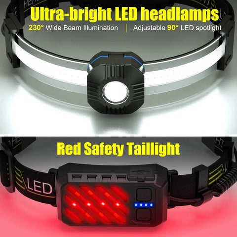 Ultra Bright Rechargeable Headlamp With Red Taillight, 230 Degree Floodlight, 10 Modes