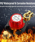 12V Battery Disconnect Switch IP67 Waterproof Cut Off For Car, Truck, RV, Boat; brass terminal, water-resistant in fire and water setting.
