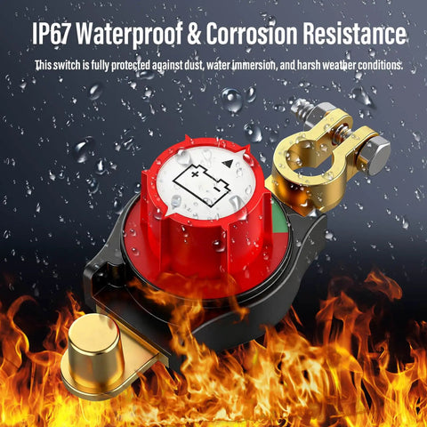 12V Battery Disconnect Switch IP67 Waterproof Cut Off For Car, Truck, RV, Boat; brass terminal, water-resistant in fire and water setting.