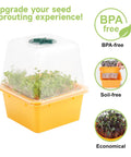 Four Pack Microgreen Sprouting Trays with Humidity Domes 5 by 5 Inches BPA Free 1.2mm Mesh Holes Sprouter Kit shown with sprouts.