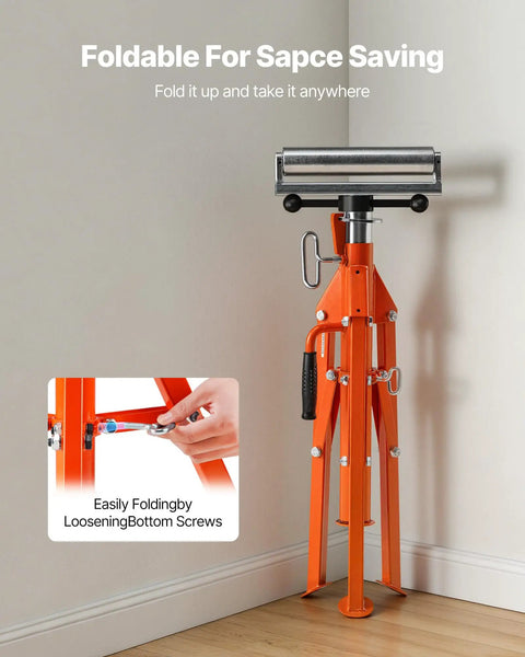 Built Tough Heavy Duty Roller Stand With Adjustable Height From Twenty Seven To Fifty Two Inches For Woodworking And Metalworking Outfeed Table is shown folded for space saving.