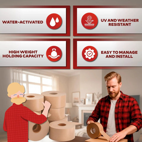 Man holding Water Activated Tape With Fiberglass Reinforced Backing For Extra Strength Brown Kraft Paper Packaging Roll