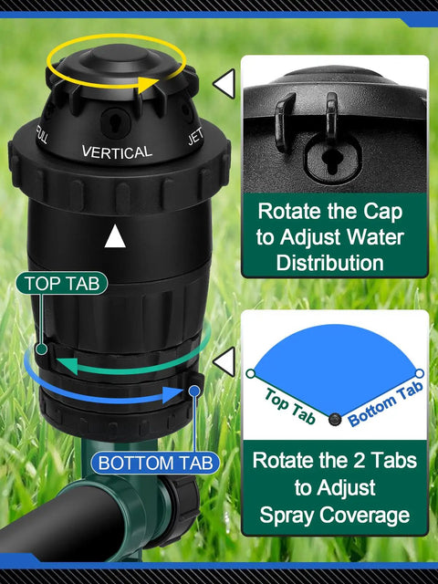 Close-up of Heavy Duty Aluminum Spike Sprinklers For Your Yard With Adjustable Spray Coverage And 5 Spray Patterns showing adjustment cap