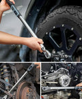 Upgraded Digital Torque Wrench with Half Inch Drive for Auto Repair in use on car wheels, featuring digital readout and LED alerts.