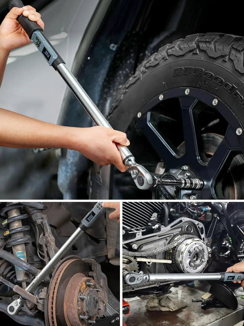 Upgraded Digital Torque Wrench with Half Inch Drive for Auto Repair in use on car wheels, featuring digital readout and LED alerts.