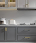 Set Of 20 5 Inch Brushed Gold Cabinet Handles With Square Style Design Premium Stainless Steel Drawer Pulls installed on gray kitchen cabinets and drawers