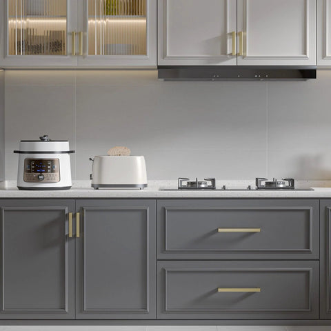 Set Of 20 5 Inch Brushed Gold Cabinet Handles With Square Style Design Premium Stainless Steel Drawer Pulls installed on gray kitchen cabinets and drawers