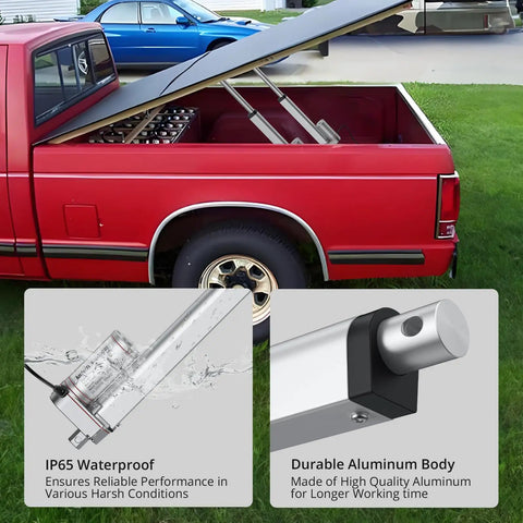 12V Linear Actuator, 160 Lbs, embedded in a pickup truck bed, highlighting IP54 waterproof and durable aluminum features.