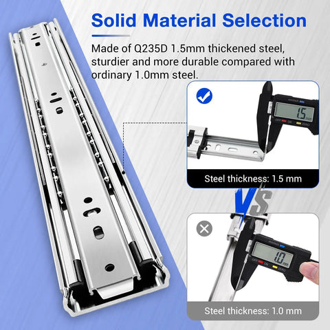 No Hassle Heavy Duty Drawer Slides Full Extension Side Mount One Fifty Pound Capacity Metal Dresser Rails measuring 1.5 mm thick steel.