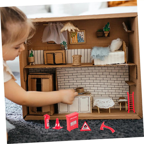 Child playing with Eight Piece Realistic Fire Extinguisher Dollhouse Accessories For Creative Play And Educational Firefighting Scenes
