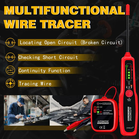 Automotive Wire Tracer Open And Short Finder Circuit Tester And Wire Breaker Locator displayed with features and car repair scene.