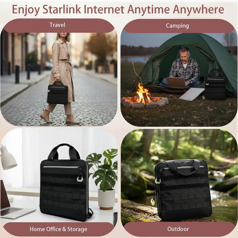 Starlink Mini Carrying Case With Tactical MOLLE System shown in travel, camping, home office, and outdoor settings.