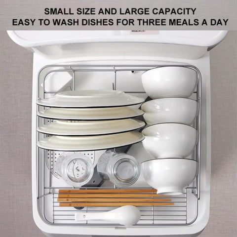 Portable Countertop Dishwasher With Four Wash Cycles And A Slick Bottom Spray Arm Cradles four to five place settings with clean dishes.