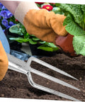 Heavy Duty Garden Fork Broad Fork For Gardening And Digging, shown loosening soil next to potted plant, steel tool with comfortable grip