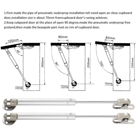 Installation illustration for 100N Gas Spring Hinges For Cabinets 4 Pack Soft Close Hydraulic Lift Support showing dimensions and positioning.